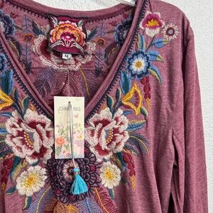 Johnny Was Embroidered Mauve Top with Bell Sleeves New Small